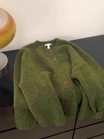 Retro Green Knitted Cardigan Women's Autumn/Winter Round Neck Single Breasted Soft Thick Sweater Loose Casual Commuting Coat