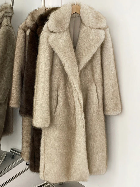 Mueyeruho Winter Women Faux Fur Jacket Coat Solid Khaki Long Sleeve Thick Warm Overcoat Outwear Fluffy Coat For Women
