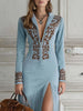 Women's Commuting Dress Spring Autumn Slim Fit Floral Decoration Half-Zip Long Sleeve Hem Slit Tassel Dress