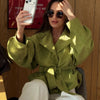 Avocado Green Lapel Jacket For Women Long Sleeve Single Breasted Solid Trench Coat Lady Spring Autumn Streetwears
