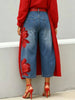 Women's Casual Floral Print Loose Jeans High Waist Cropped Wide Leg Denim Pants Chic Daily Street Plus Size Trousers