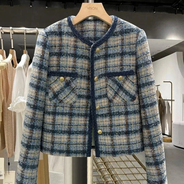 Autumn Korean Small Fragrant Coat Women Short Jacket Female Tweed Wool Outwear Casual Plaid Blazer Tops Ladies Outwear