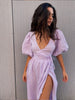 100% Cotton V-neck Waist Cinched Dress Unique Lantern Sleeve Sexy Slit Long Skirt Women's Casual Dresses