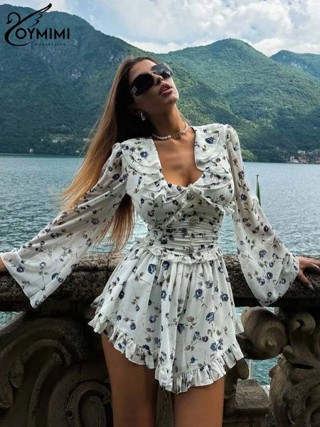 White Print Women's Dress Elegant V-Neck Ruffled Long Sleeve Dresses Autumn High Waisted Pleated Mini Dresses