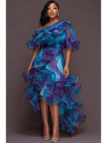 Plus Size One Shoulder Ruffled Midi Dress For Women Organza High Low Hem Printed Formal Evening Party Tiered Cocktail Dress