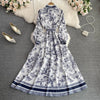 Spring Auutmn Elegant Long Dress Women Turn Down Collar Print A-line Party Dresses Vintage Long Sleeve Floral Long Robe Vestidos