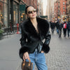 Black Faux Fur Collar Leather Jacket Elegant Lapel V-neck Waist Cinching Long-sleeved Short Coats Lady Winter Commute Coat