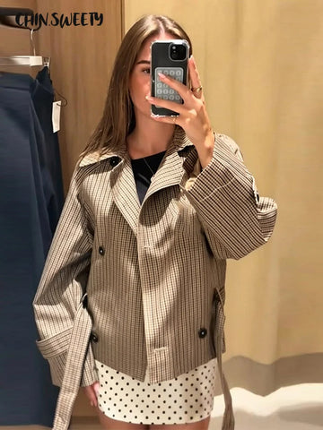 Grid Women's Windbreaker Double-Breasted Lace-Up Turn-Down Collar Full Sleeve Lady Coats Autumn Chic Female Jackets