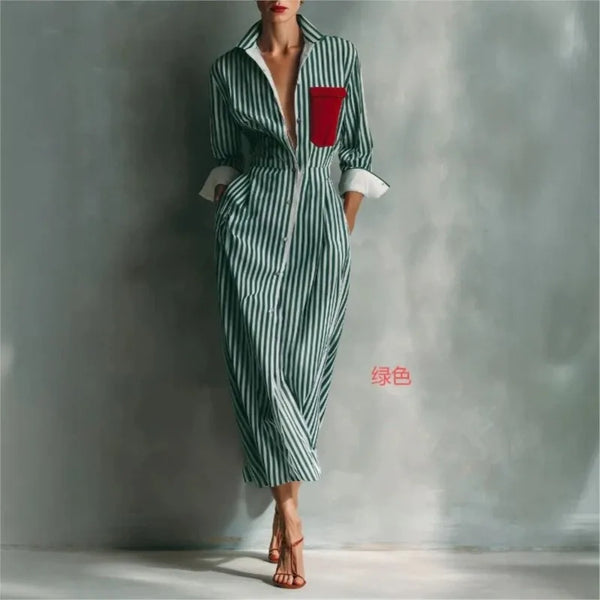 Autumn Striped Print Shirt Dress For Women Casual Turn Down Collar Color Blocking Pocket Long Dresses Graceful Robe