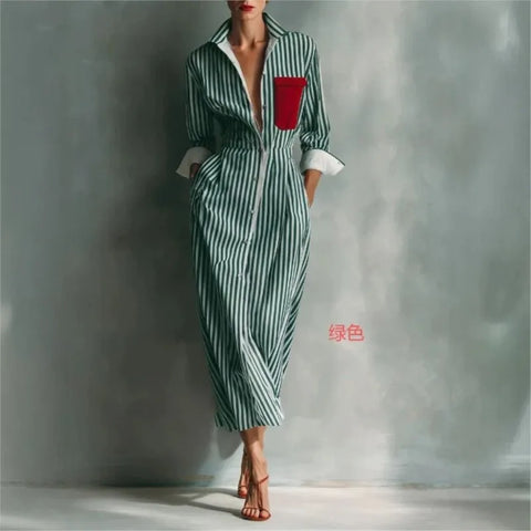 Autumn Striped Print Shirt Dress For Women Casual Turn Down Collar Color Blocking Pocket Long Dresses Graceful Robe