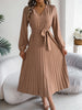 Spring Autumn Elegant Buttons V Neck Lantern Long Sleeve Lace Up Pleated Dress Khaki Blue Red Green Black Women Dresses