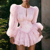 Print Shoulder Pad Waist Cinching Short Dress Women Sexy O-neck Lantern Long Sleeve Cascading Ruffle Slim Dresses Chic Partywear