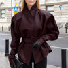 Lady Retro Burgundy Belted Leather Jacket Solid Stand Collar Long-sleeved Cropped Coat Women Daily Street Outerwear