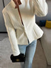 Deep V Stand Collar Peplum Blazer Long Sleeve Tailored Fitted Waist Flared Hem Spring Elegant Office Women Jacket