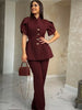 Vintage Elegant Two Piece Set Women Matching Sets Office Lady Single-breasted Puff Sleeve Blazer Coat and Wide Leg Pant Suits