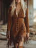 Western Retro Suede Tassel Dresses for Woman V-neck Single-breasted Zipper Slim Hips Dress Long Sleeve Mini Dress with Pocket