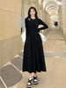 Long Sleeve O-neck A-line Dress Streetwear Vestidos Lady Korean Style Hollow Out Black Long Dresses Women