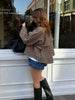 Turtleneck Short Checkered Coat Women Double Breasted Long Sleeve Outerwear Autumn Lady Daily Casual Jacket