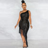 Women Tassel Side Sequins One Shoulder Skew Neck Bodycon Midi Maix Irregular High Low Long Dress Sexy Night Party