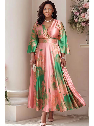 Women's Plus Size Satin Floral Maxi Dress V-Neck Flare 3/4 Sleeves High Waist A-Line Skirt Elegant Formal Evening Dresses