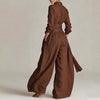 Vintage Solid High Waist Belted 2 Piece Sets Long Sleeve Button Lapel Shirt And Wide Leg Pants Woman Outfit Spring Vacation Suit