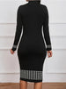 Womens Long Sleeve Turtheneck Knee Length Business Casual Party Houndstooth Patchwork Zipper Pencil Bodycon Sheath Dress