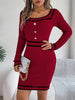 Autumn Winter Casual Elegant Square Collar Button Decoration Knitted Dress Long Sleeve Bodycon Dress for Women