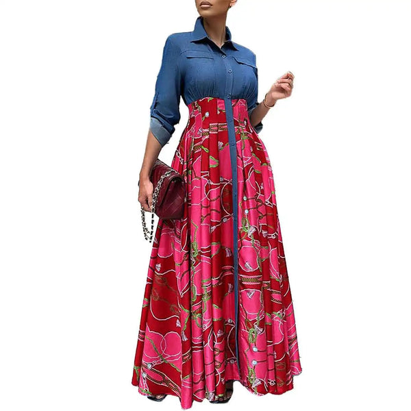 Autumn Winter African Dresses for Women African Long Sleeve Printing Polyester Red Blue Long Dress Maxi Dress African Clothes