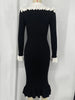 Ruffled Patchwork Knit Maxi Dress For Women Elegant Ribbed Long Sleeve Party Dress Gown Slim Knitwear Long Dress