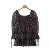 Women Sexy Cross Bandage Black Flower Print Puff Long Sleeve Dress 3 Layer Wood Ears Ruffles Hem Cake Mini Holiday Robe
