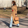 Chic Suede Women's Windbreaker Leather Patchwork Turn-Down Collar Single Breasted Waist-Closed Long Coat Autumn Lady Jacket