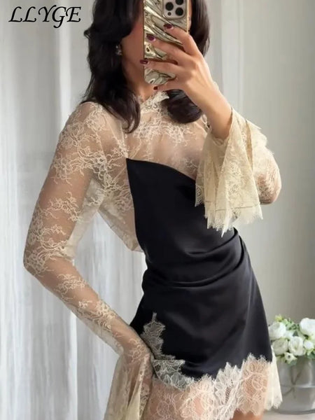Elegant Lace Patchwork Short Dress Women See Through High Collar Flare Sleeve Party Dresses Autumn Lady Evening Robes