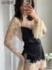Elegant Lace Patchwork Short Dress Women See Through High Collar Flare Sleeve Party Dresses Autumn Lady Evening Robes