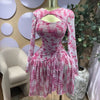 Women Full Sleeve Print Stacked Ruffles Bodycon Mini Dress Fall Evening Birthday Vacation Party Vestidos Sexy Dresses