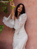 Sexy Slim Print Women's Dress V-Neck Long Sleeve Ankle Length Dresses Elegant Classic Ruffles Female Dress