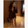 Women Chic Floral Print Deep V Neck Long Sleeved Waist Cinching Dress Layered Ruffle Hem Mini Dresses Elegant Party Daily Robes