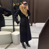Elegant Faux Fur Wool Long Coat Women Solid Full Sleeve Lapel Patchwork Waist-closed Slim Coats Female Winter Outwear