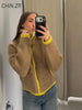 Casual Women's Knit Contrast Fleece Coats Stand Collar Zipper Pockets Full Sleeve Jackets Spring Lady Warm Outwear