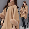S-5XL Winter Warm Cloak Horn Buckle Woolen Poncho Capes Women Faux Rabbit Fur Dolman Sleeves Loose Long Cappa Coat