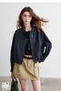 Women Slub Cotton Jackets Spring Cropped Tulip Silhouette Striped Cuff - Turn Up Stand Collar Tops