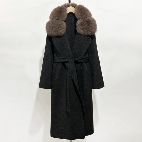Woolen Coat Women Autumn Female Real Fur Jacket Warm Wool Blend Coat Spring Long Big Fox Fur Collar Demure Lace-ups