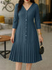 Elegant Women's Pleated Midi Dress Casual V-Neck 3/4 Sleeve Button Up A-Line Dresses Office Commuting Wear Woman Clothing