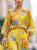 Yellow Print Women 2 Piece Outfit Set Casual Long Sleeve Turndown Collar Single-breasted Shirts Straight Trousers Sets
