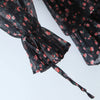 Women Sexy Cross Bandage Black Flower Print Puff Long Sleeve Dress 3 Layer Wood Ears Ruffles Hem Cake Mini Holiday Robe