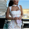 Women's White Floral Print Wide-strap Cami Dress With Waistband Satin Bodycon Mini Dresses Lady Elegant Party Robes