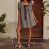 Women Gingham Plaid Mini Dress y2k Babydoll Short Dress Puff Sleeve Square Neck Cute Silky Bow Tied Loose Dresses