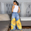 Women Fake Denim 3D floral Print Loose Wide Leg Jogger Pants Streetwear Active Hip Hop Sweatpants Trousers