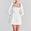 Elegant Square Neck Diamond Short Velvet Dress For Women Two Pockets Slim Office Ladies Outfits A-Line Long Sleeve Dress
