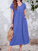 Plus size women's dress, Bohemian ethnic style printed V-neck batball sleeve dress, elastic waist, with pockets