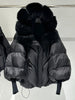 Lagabogy Winter Large Real Fur Hooded Puffer Jacket Women White Duck Down Mid Long Parka Thick Warm Knitted Sleeve Coat